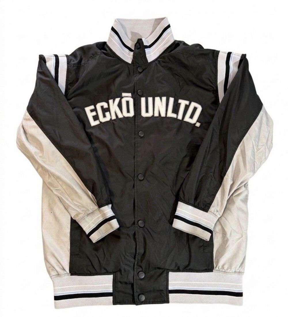 Y2K Ecko Unltd Varsity Bomber Jacket Mens Large Black Spellout